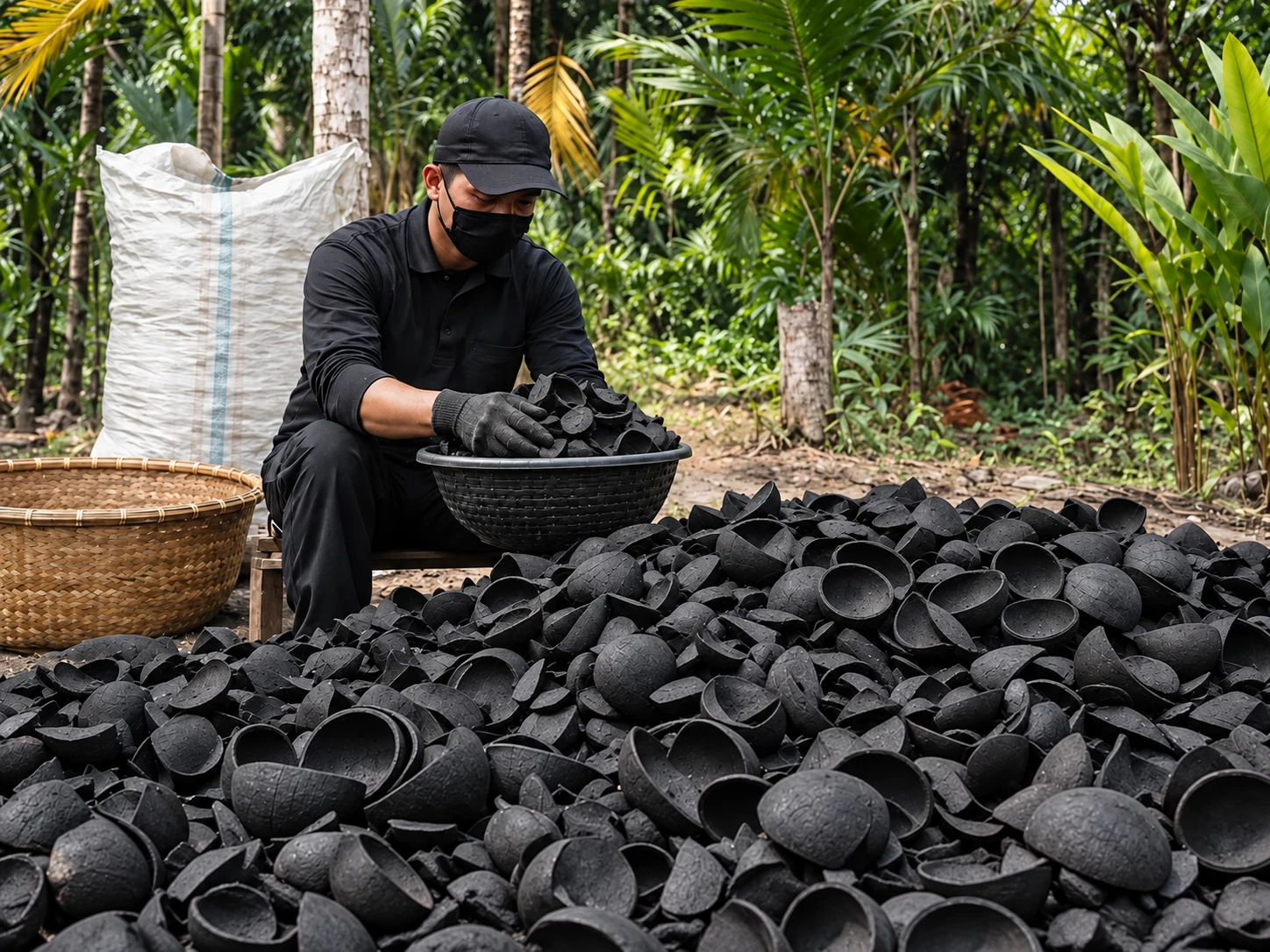 Worker sorting coconut shell charcoal outdoors