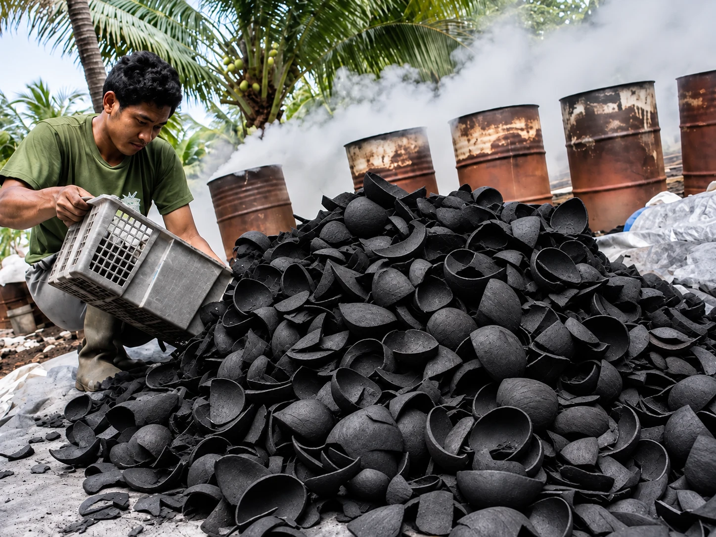 Coconut shell charcoal production yard with smoking kilns in Indonesia