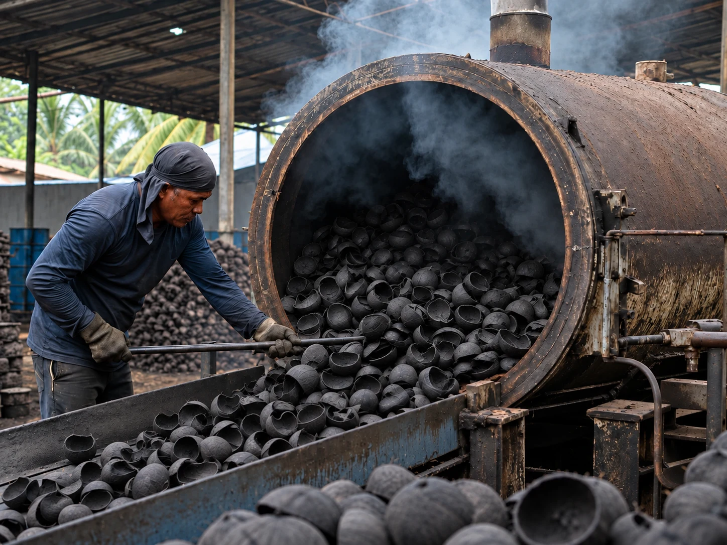 Coconut shells being processed at a charcoal production site in Indonesia