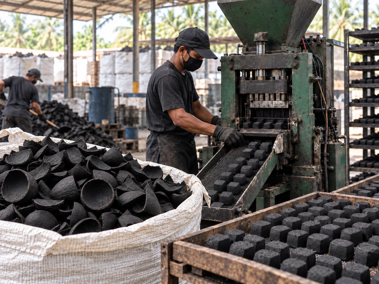 Coconut charcoal briquette production workshop