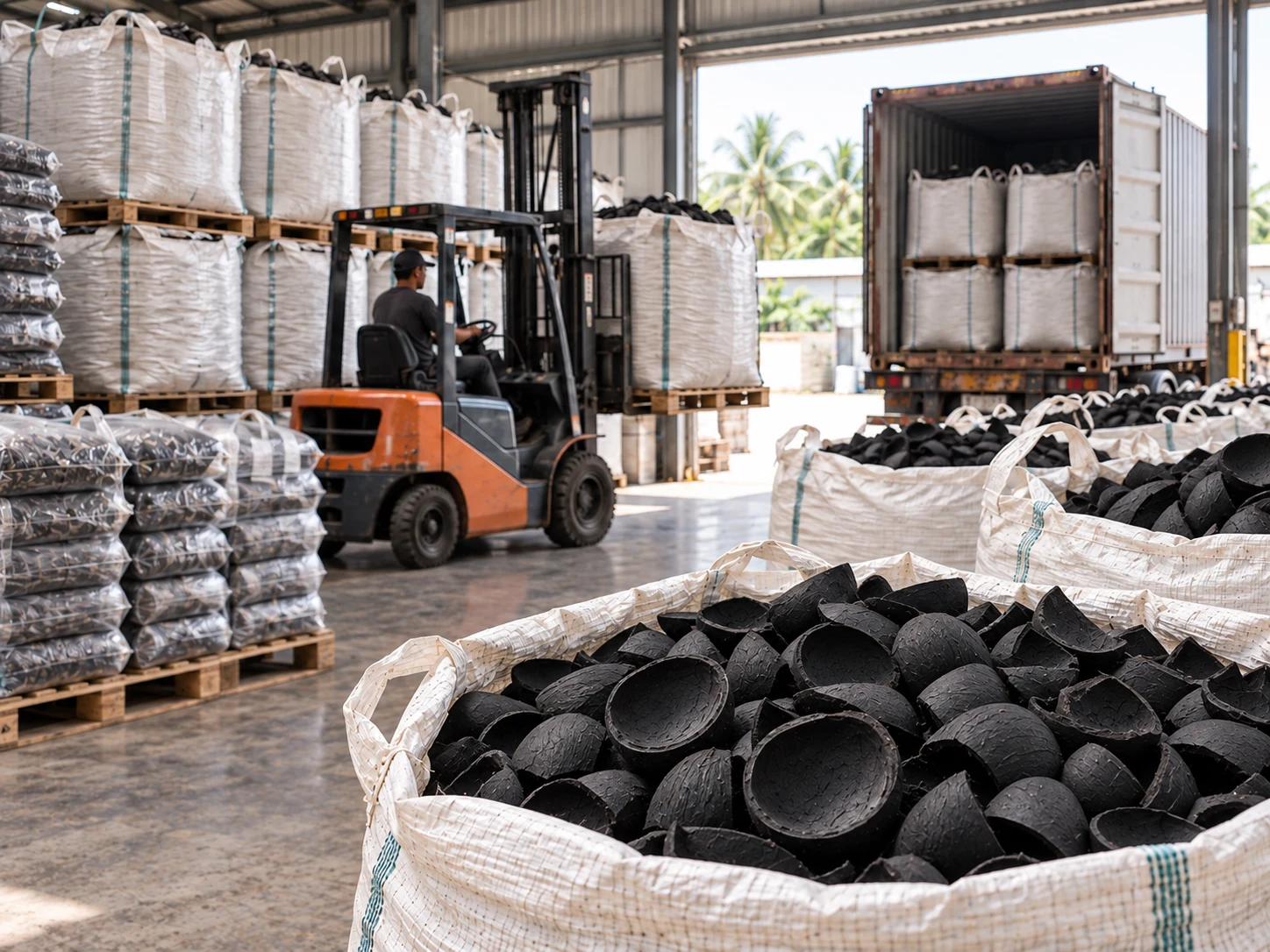 Warehouse loading of coconut shell charcoal for distribution
