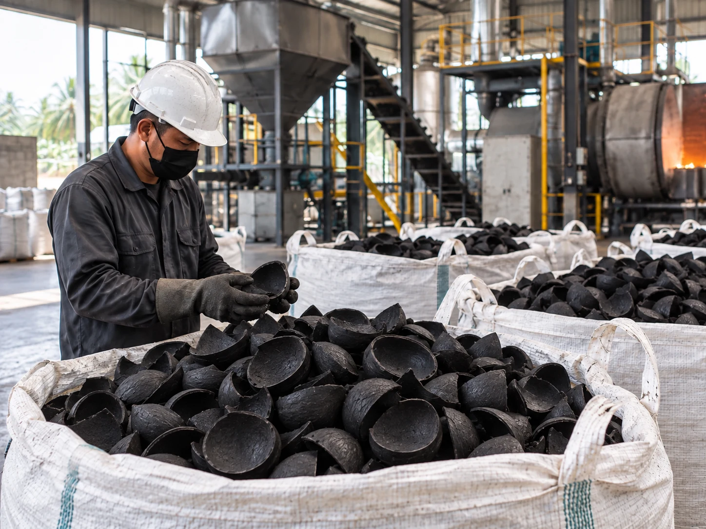 Inspection of coconut shell charcoal in an industrial facility